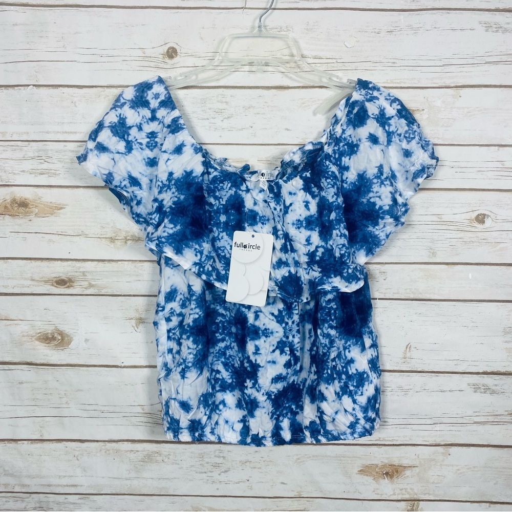 Full Circle Blue Tie-Dye Women's Elastic Off The Shoulder Crop Blouse Size L